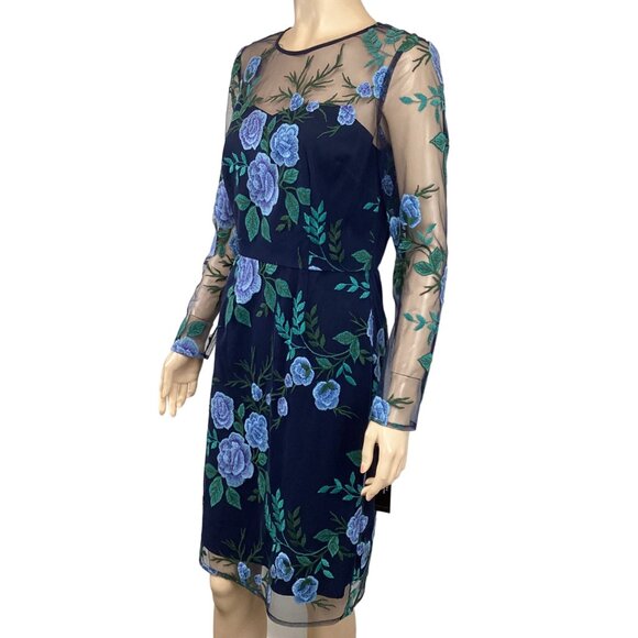 Tahari NWT Navy Blue Floral Embroidered Sheer Mesh Overlay Dress‎ Size 4 W/ Long - Picture 4 of 9